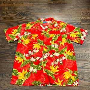 Hawaiian shirt (primarily red shirt with green, white & yellow leaves/flowers)